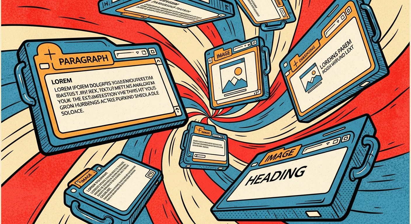 AI_IMAGE: A vintage comic-book style illustration of floating WordPress Gutenberg blocks arranged in a dynamic composition, with block handles and toolbars visible, warm cream background with bold red and blue accents, thick black outlines, Ben-Day dots pattern | illustration | landscape