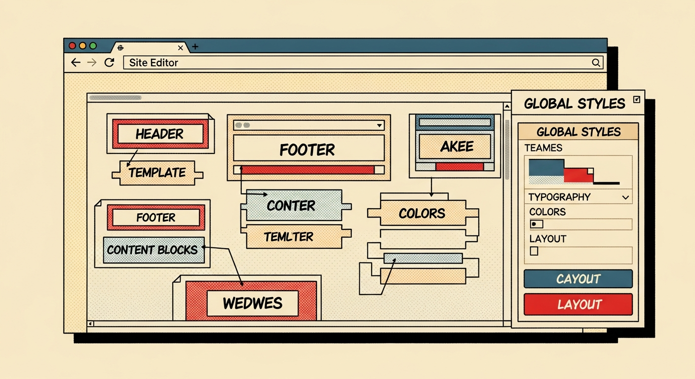 AI_IMAGE: A vintage comic-book style illustration of a browser window showing the WordPress Site Editor interface with template parts and global styles panel open, warm cream and parchment colors with bold red and navy blue accents, thick black outlines in Silver Age comic style | illustration | landscape