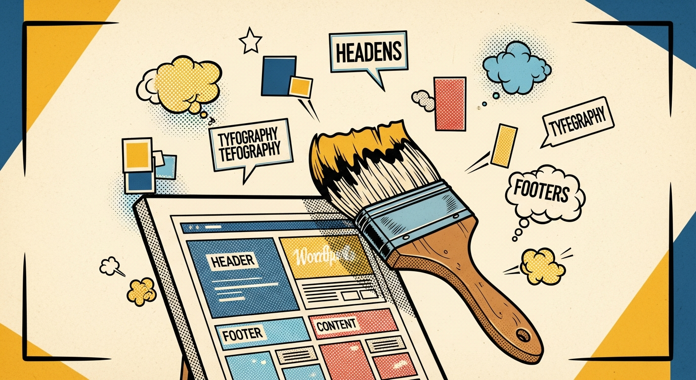 AI_IMAGE: A vintage comic-book style illustration of a giant paintbrush painting a WordPress theme design on a canvas, with color swatches and typography samples floating around, warm cream background with mustard yellow and navy blue accents, thick black outlines | illustration | landscape