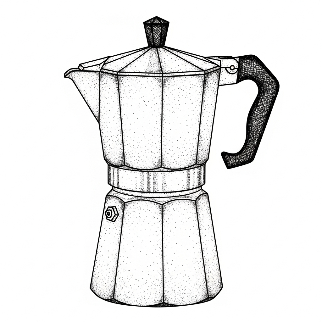 AI_IMAGE: Detailed hand-drawn illustration of a classic Italian stovetop moka pot coffee maker, black ink line drawing with fine crosshatching and stippling for shading and texture, showing the octagonal body, spout, handle, and lid knob, precise technical pen style with visible pen strokes, on a completely transparent background, no color fill, no humans, no background | illustration | square