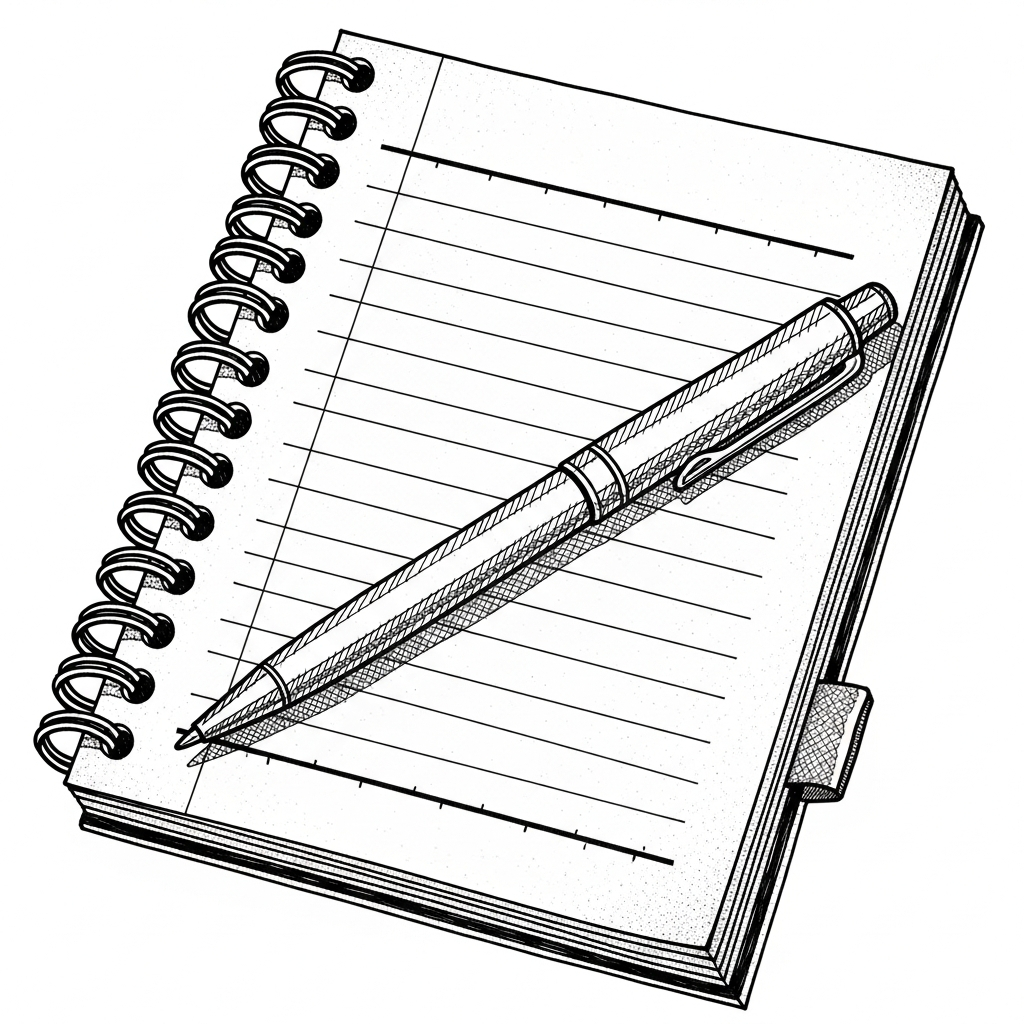 AI_IMAGE: Detailed hand-drawn illustration of a spiral-bound notepad with a ballpoint pen resting diagonally across it, black ink line drawing with fine crosshatching and stippling for shading showing ruled lines on the paper and pen clip detail, precise technical pen style with visible pen strokes, on a completely transparent background, no color fill, no humans, no background | illustration | square